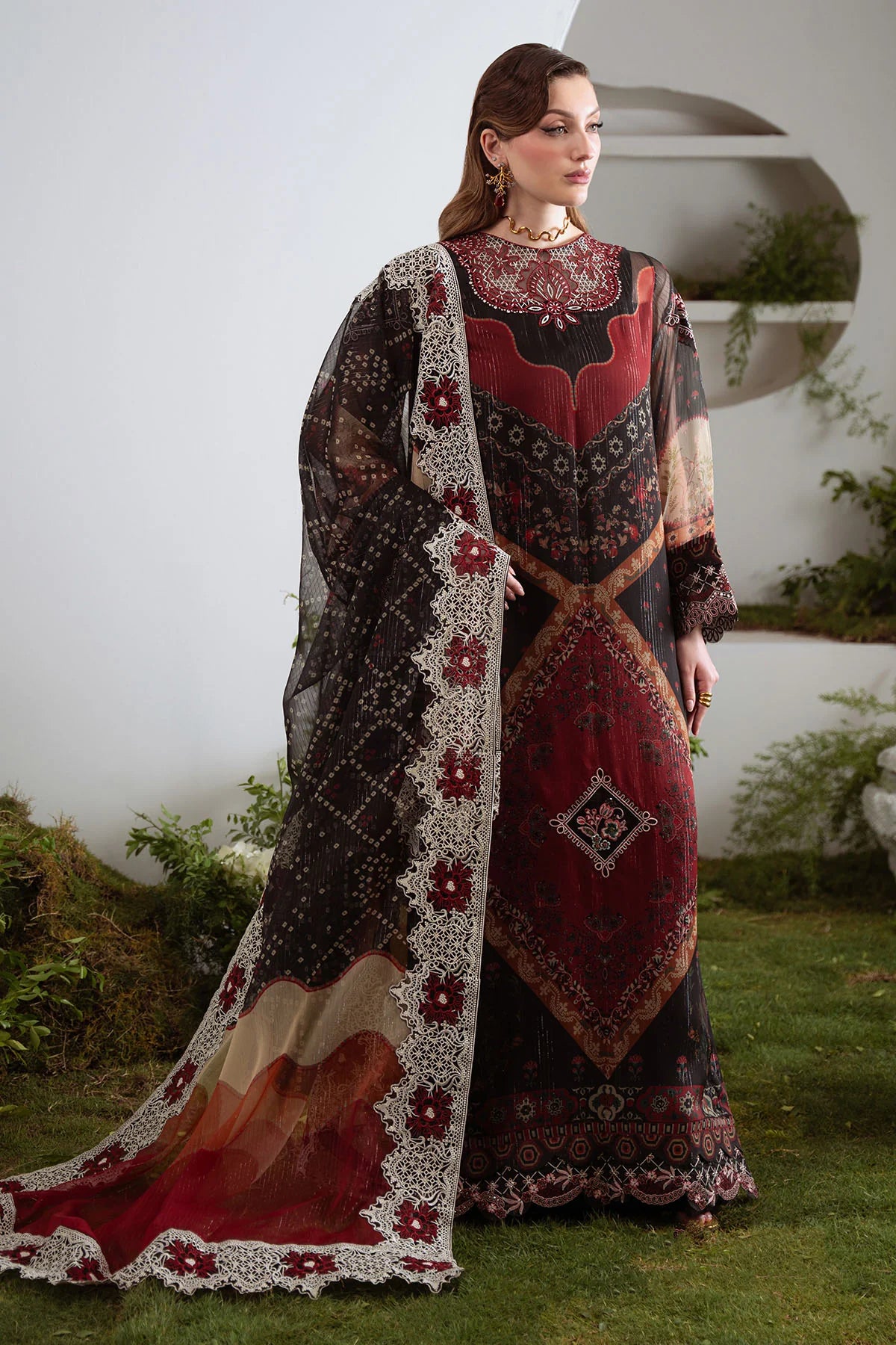 Luxury 3-piece embroidered chiffon suit with printed dupatta – stitched formal Pakistani outfit for women
