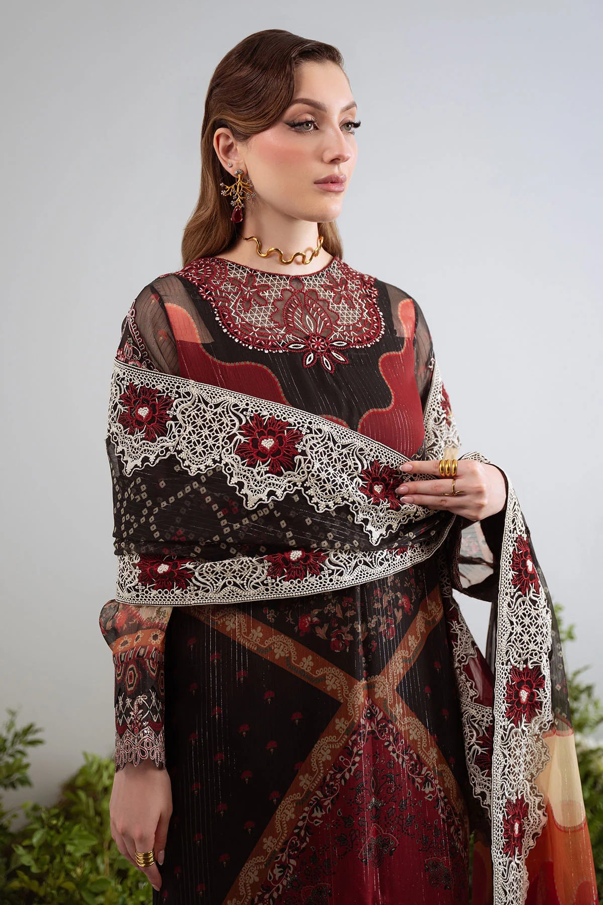 Detailed organza embroidery on neckline and daman – Pakistani formal chiffon dress
