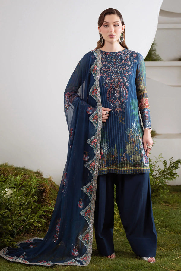 Nureh 3-piece fully stitched chiffon suit – front view with printed chiffon shirt and embroidered neckline
