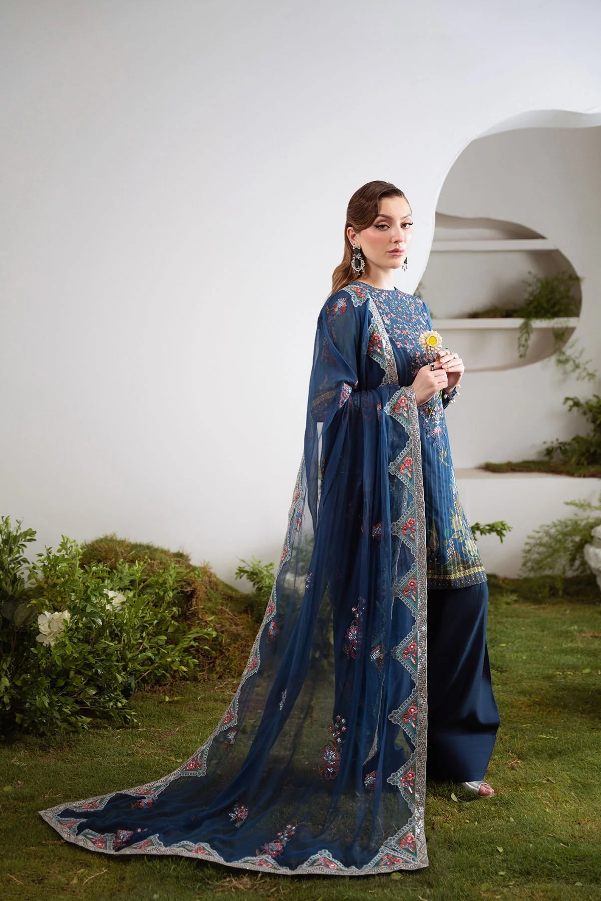 Printed chiffon back panel with tailored fit – Nureh stitched formal outfit for women
