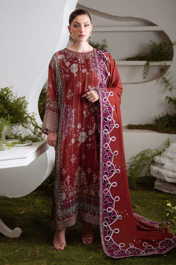 3-piece fully stitched printed chiffon suit with embroidered organza neckline – front view on model
