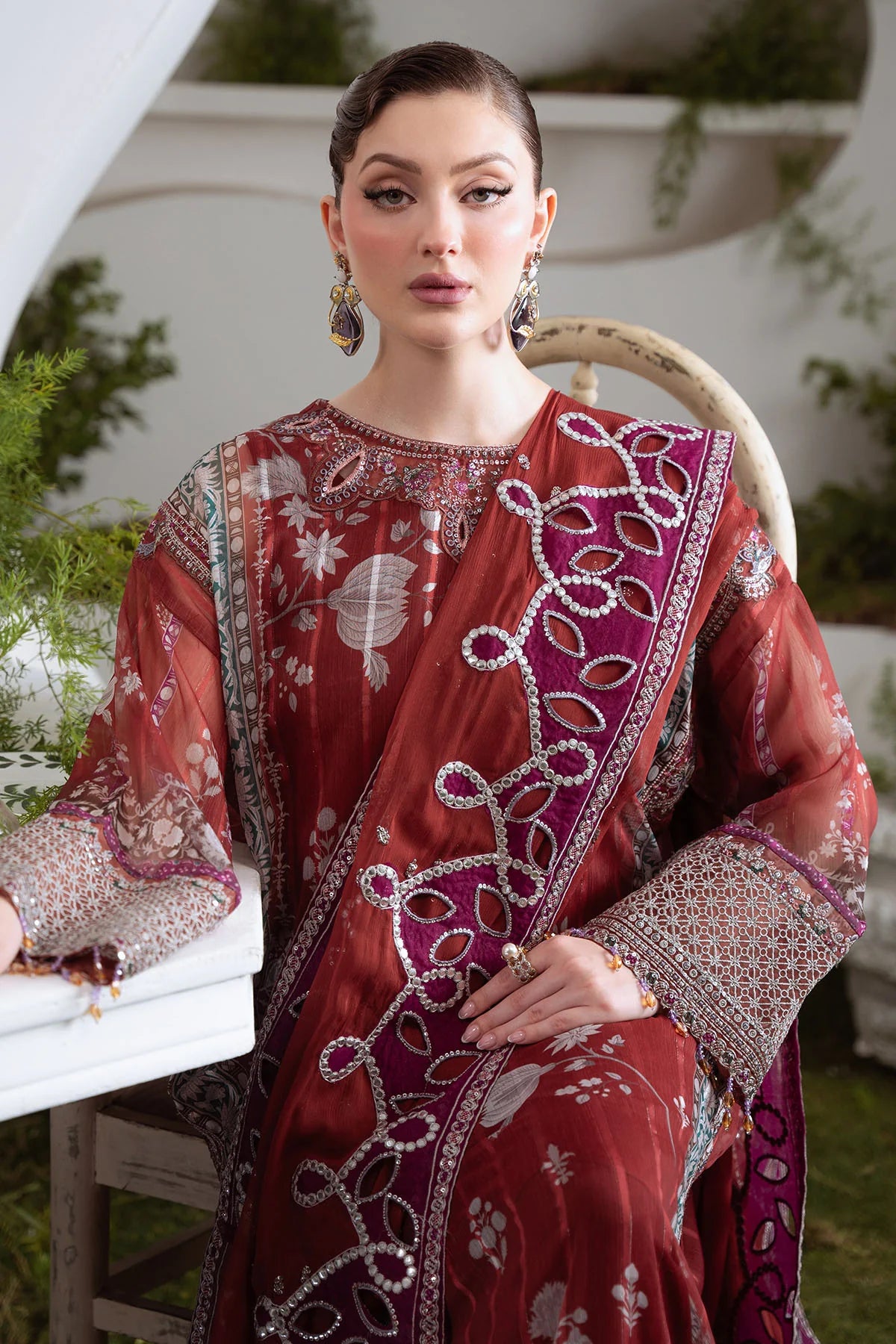 Embroidered organza neck patch and side panel borders on printed chiffon shirt – elegant Nureh design
