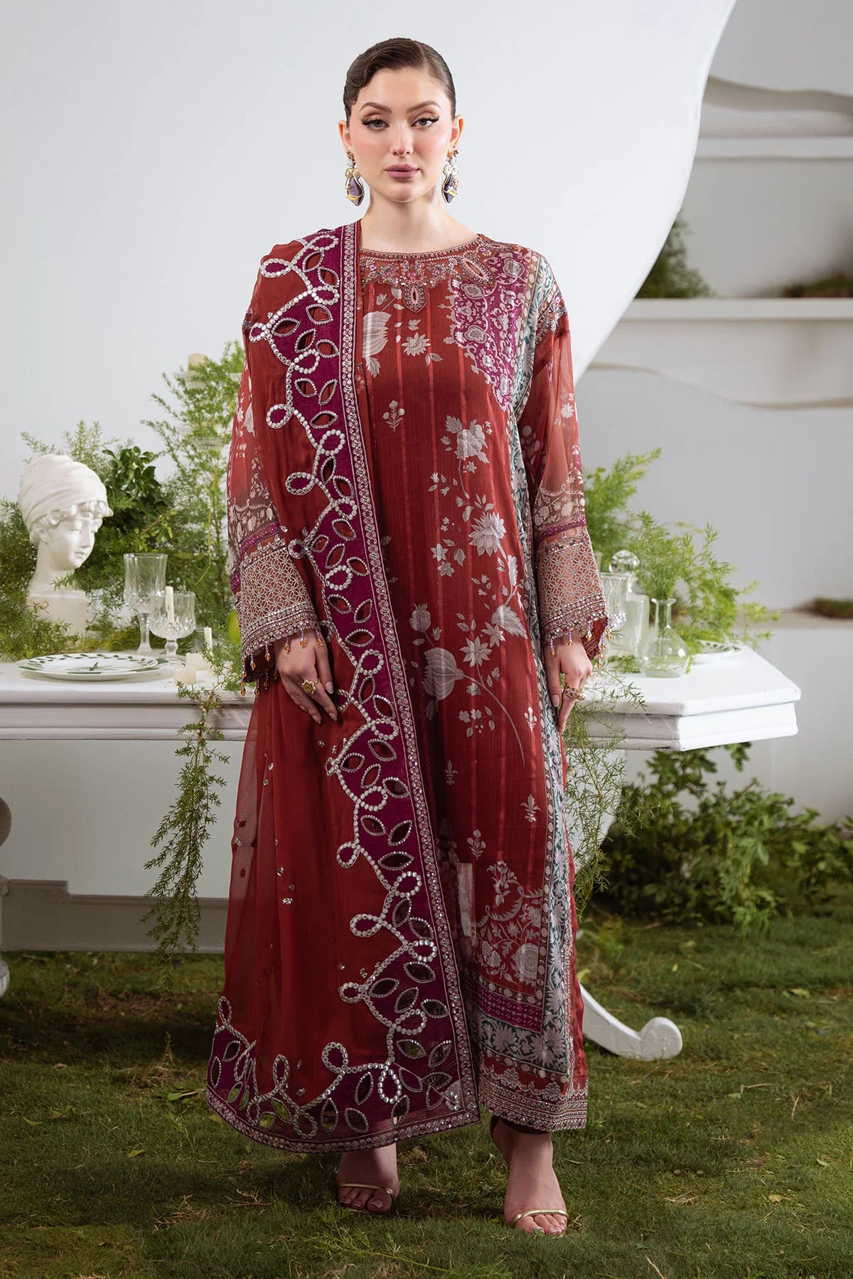 Printed chiffon sleeve with embroidered organza border – ready-to-wear formal dress detail
