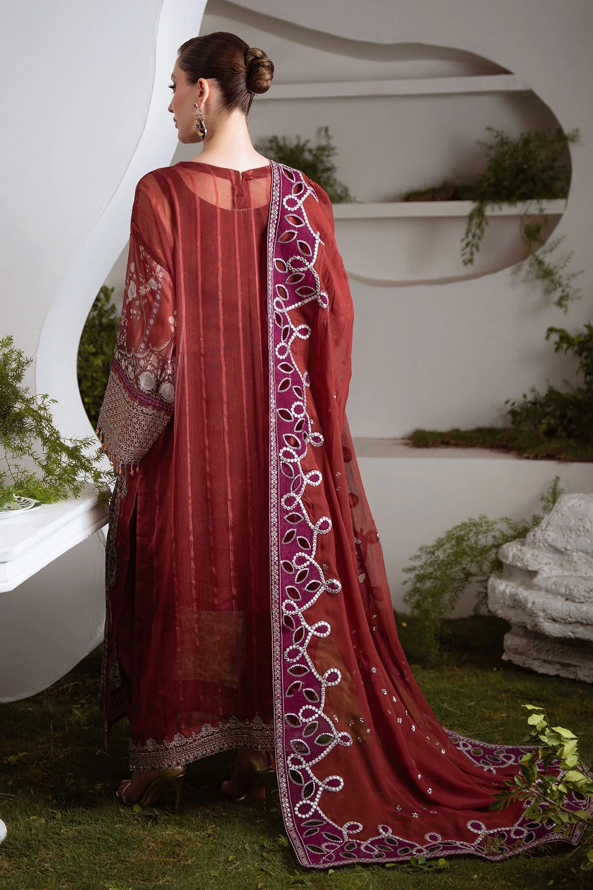 Embroidered chiffon dupatta with organza patch border on all four sides – 3-piece stitched suit set
