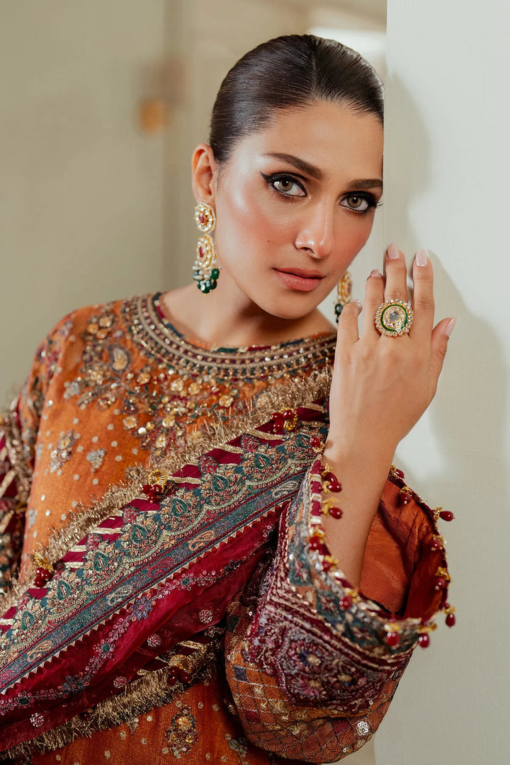 sleeve view of Hand-embroidered Pakistani suit in zari net with velvet and silk detailing