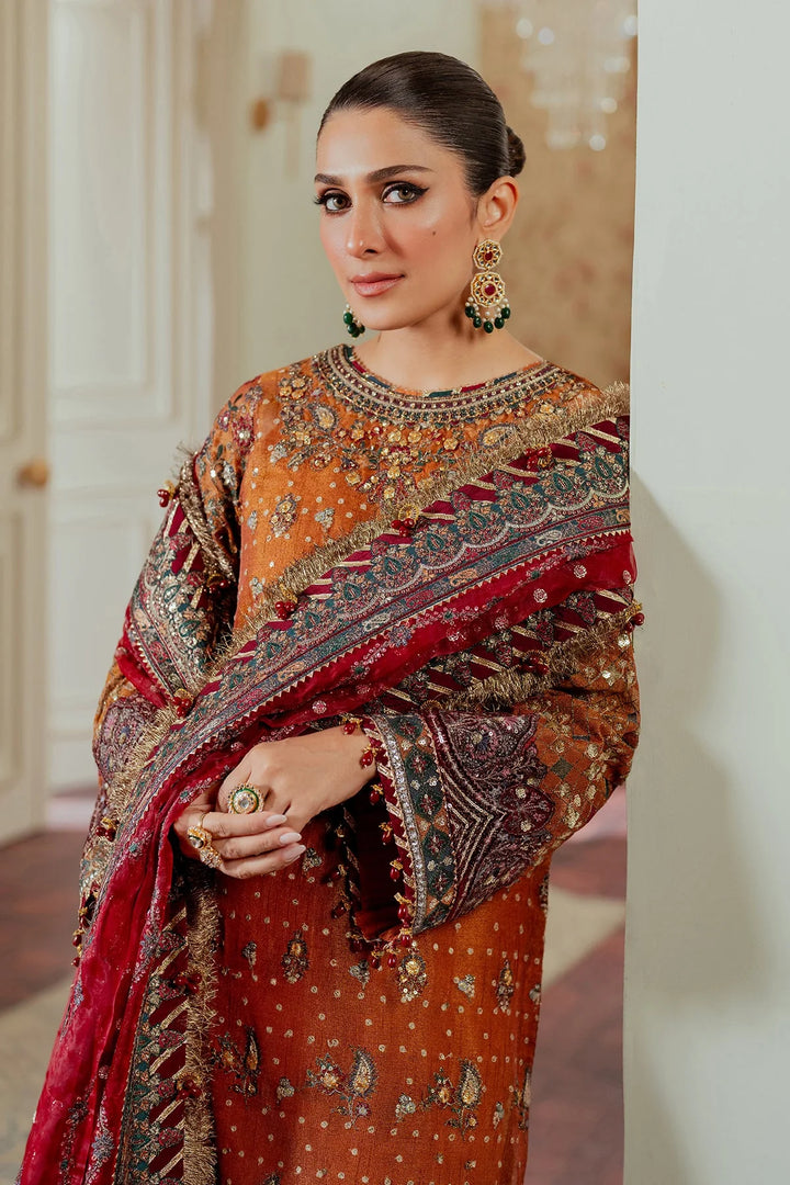 dupatta view of Hand-embroidered Pakistani suit in zari net with velvet and silk detailing