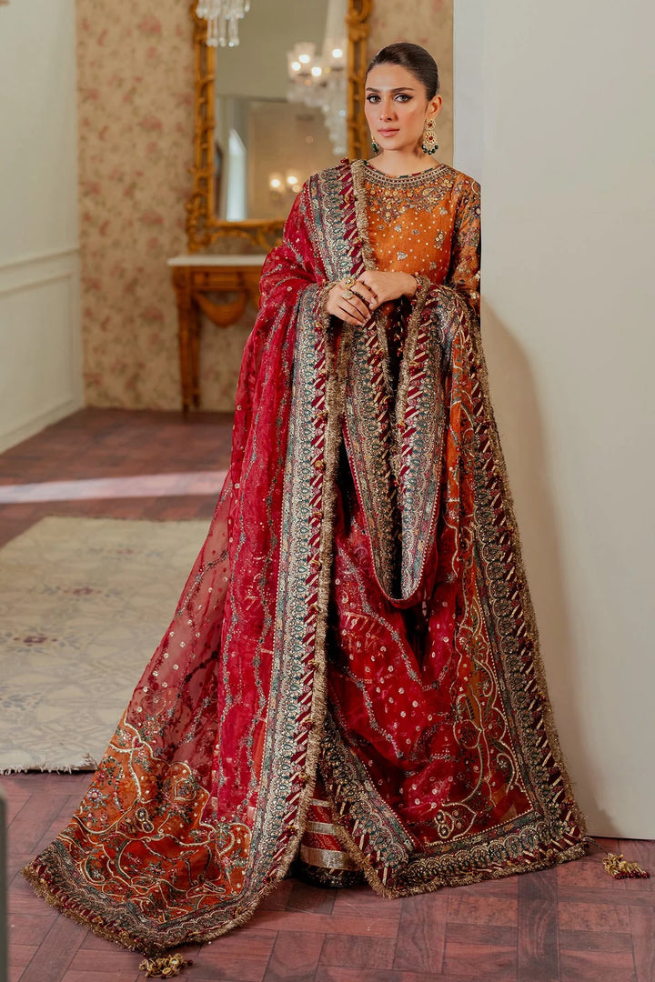 Gharara view of Hand-embroidered Pakistani suit in zari net with velvet and silk detailing