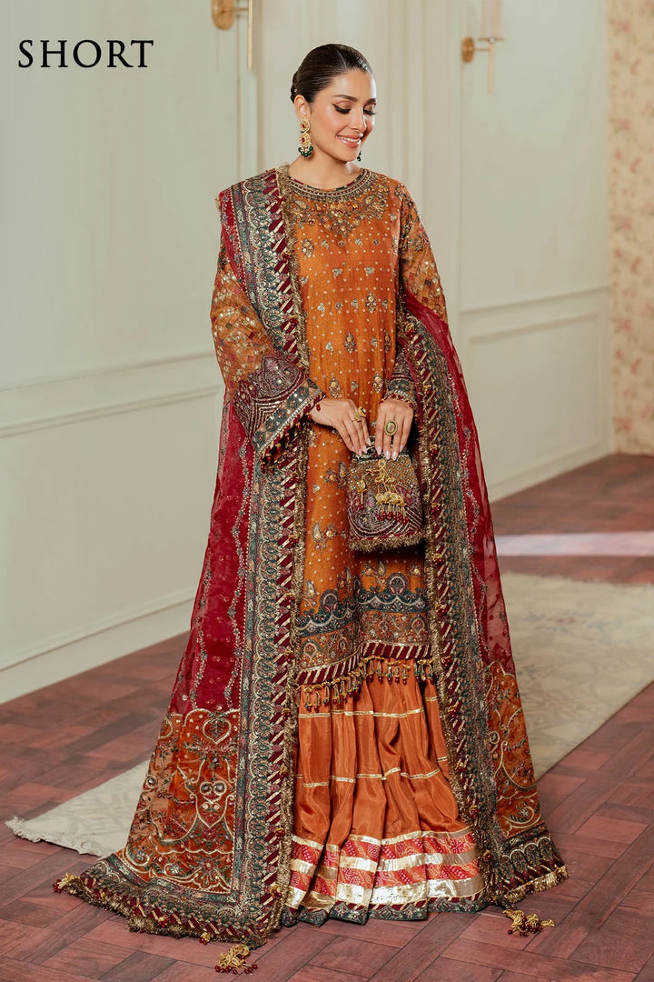 Hand-embroidered Pakistani suit in zari net with velvet and silk detailing
