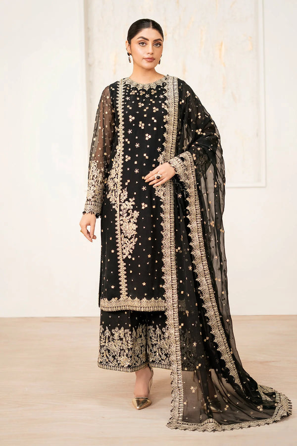Baroque black stitched embroidered chiffon suit front view – Naaz by Nazia