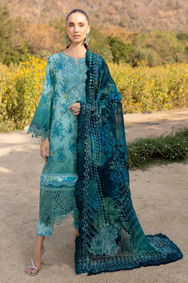 Sea green embroidered lawn suit by Nureh with chiffon dupatta and cotton trouser