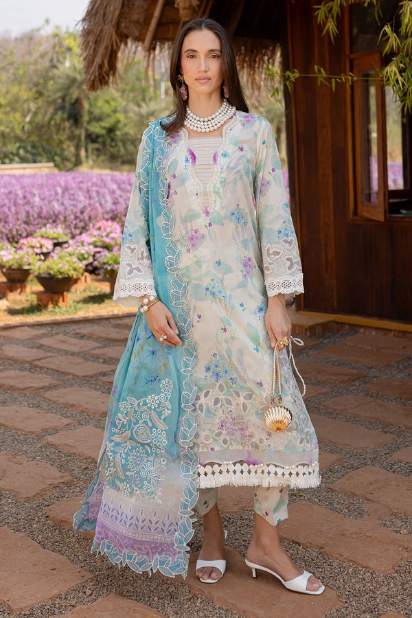 Nureh white and baby blue embroidered lawn suit with chiffon dupatta