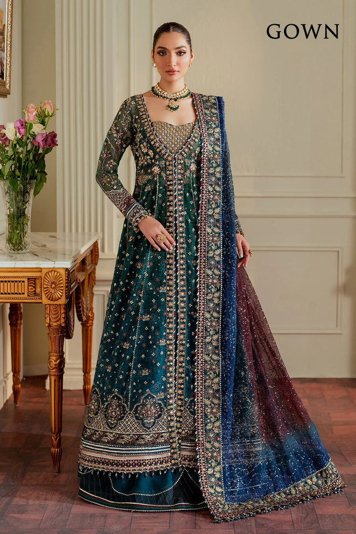 stitched chiffon Pakistani suit with velvet and organza embroidery
