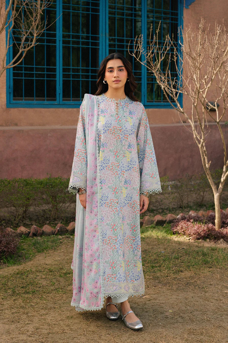 Front view of Ayzel embroidered lawn outfit with matching trousers