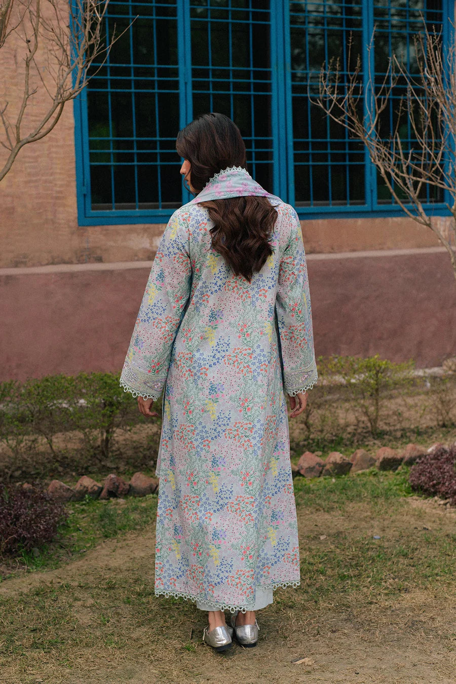 Back view showing chiffon dupatta drape and shirt embroidery