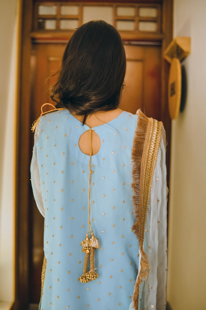 Traditional bridal outfit collection with intricately embroidered gharara, festive potli clutch, handcrafted khussa shoes, and jewelry for nikaah functions.