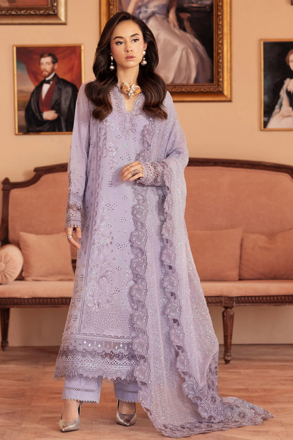 Front view of FEYA Collection Style FE-08 embroidered lawn suit with chiffon dupatta
