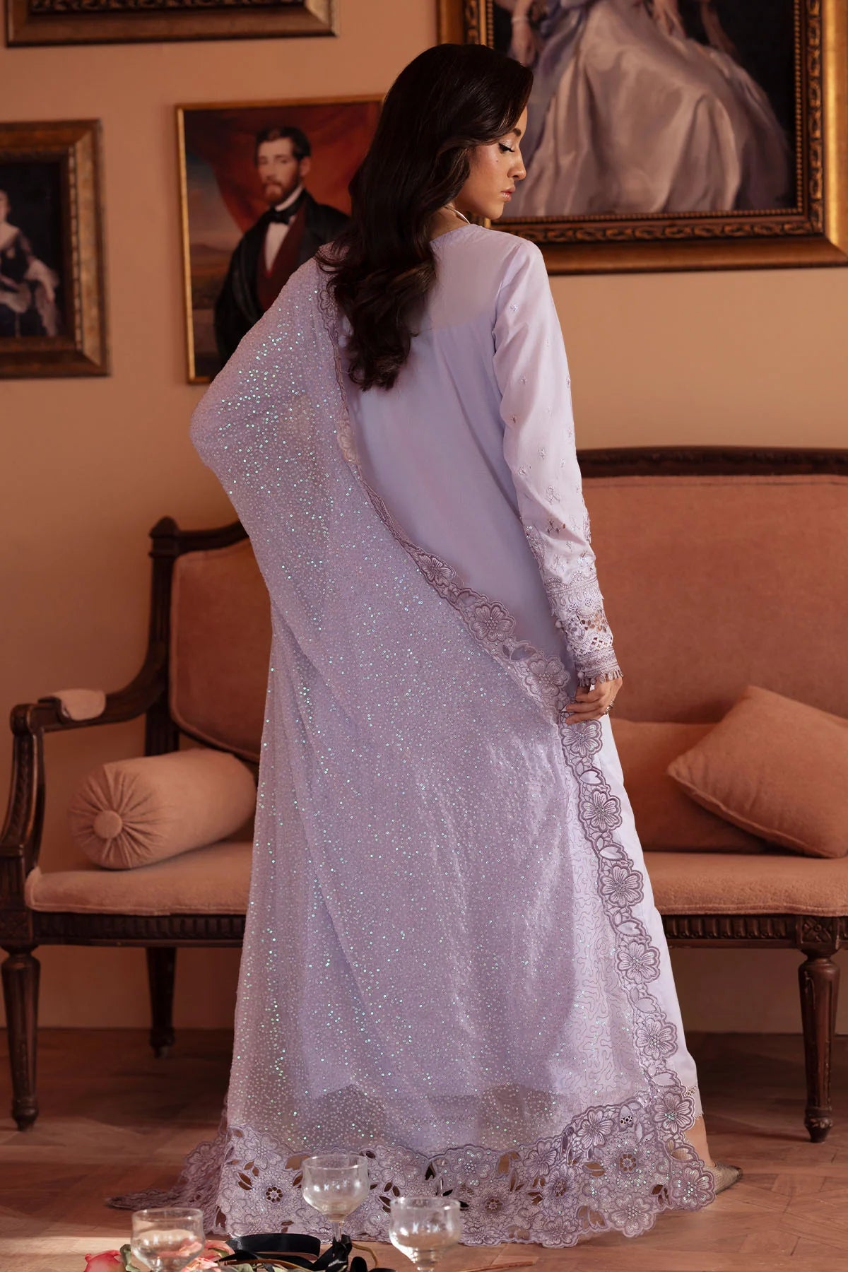 Side view of FEYA FE-08 lawn suit showing chiffon dupatta and embroidered sleeves
