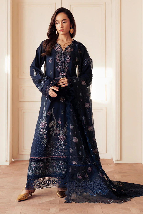 Front view of FEYA Collection Style FE-09 embroidered lawn suit with chiffon dupatta
