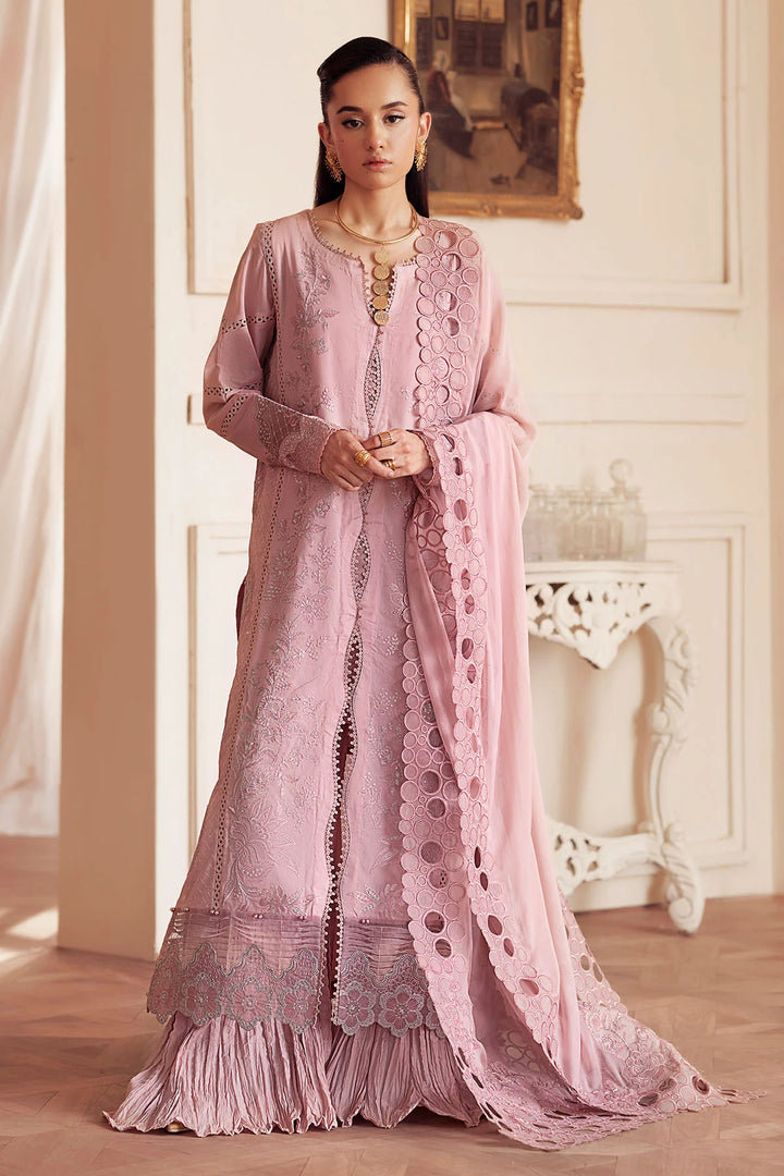 Front view of FEYA Collection Style FE-10 embroidered lawn suit with chiffon dupatta
