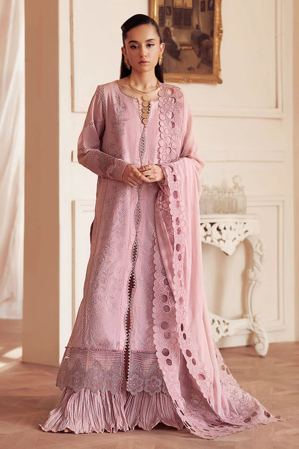 Front view of FEYA Collection Style FE-10 embroidered lawn suit with chiffon dupatta
