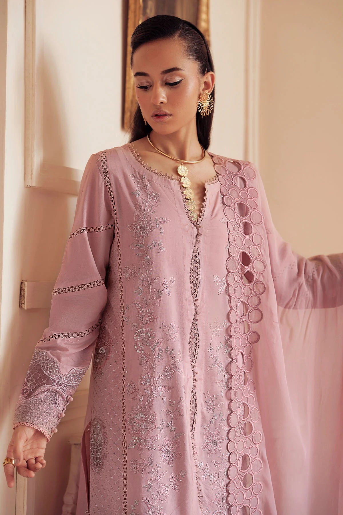 Close-up of delicate chickenkari embroidery on FE-10 premium lawn shirt
