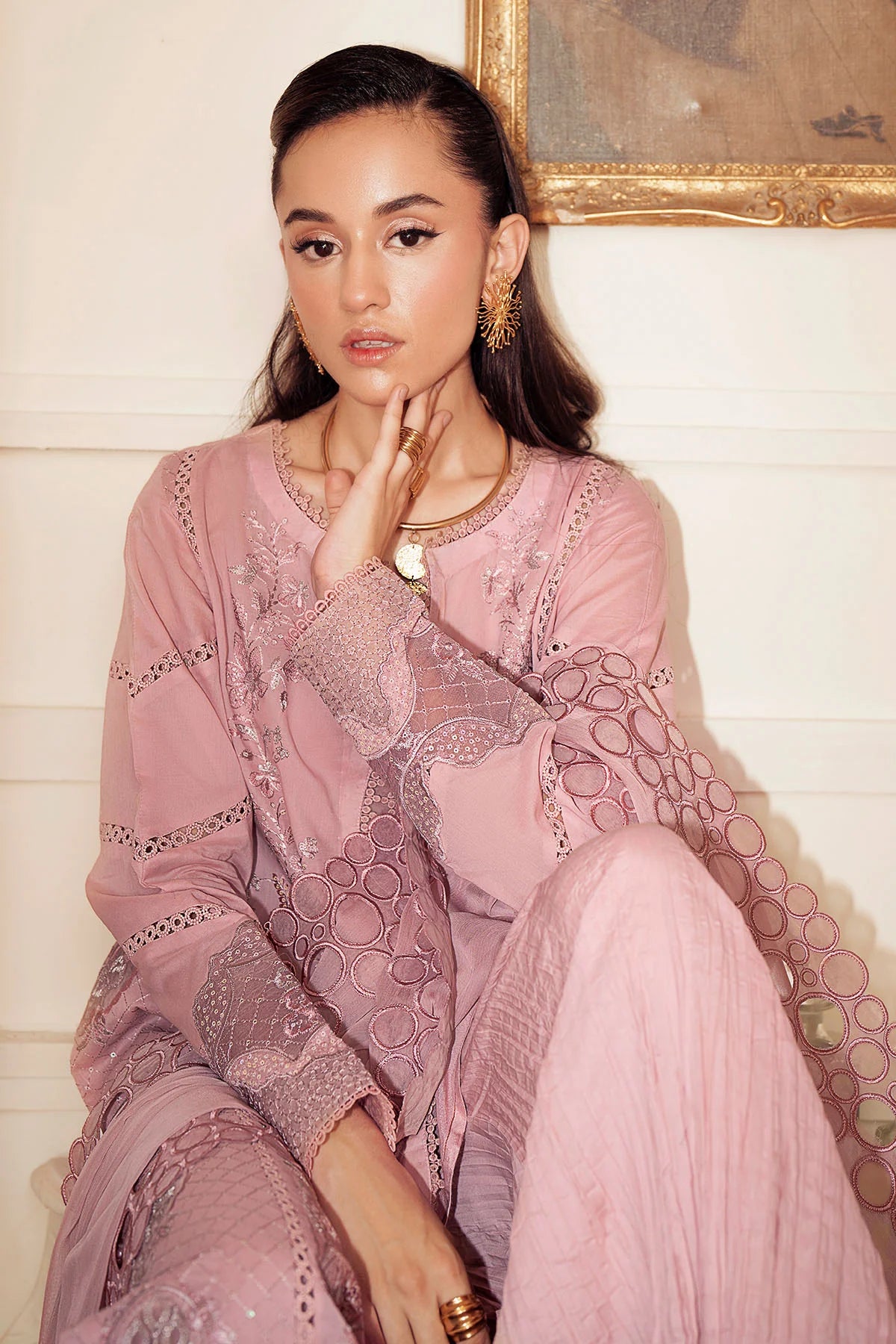 Model wearing FEYA FE-10 ready-to-wear 3-piece lawn suit for festive wear
