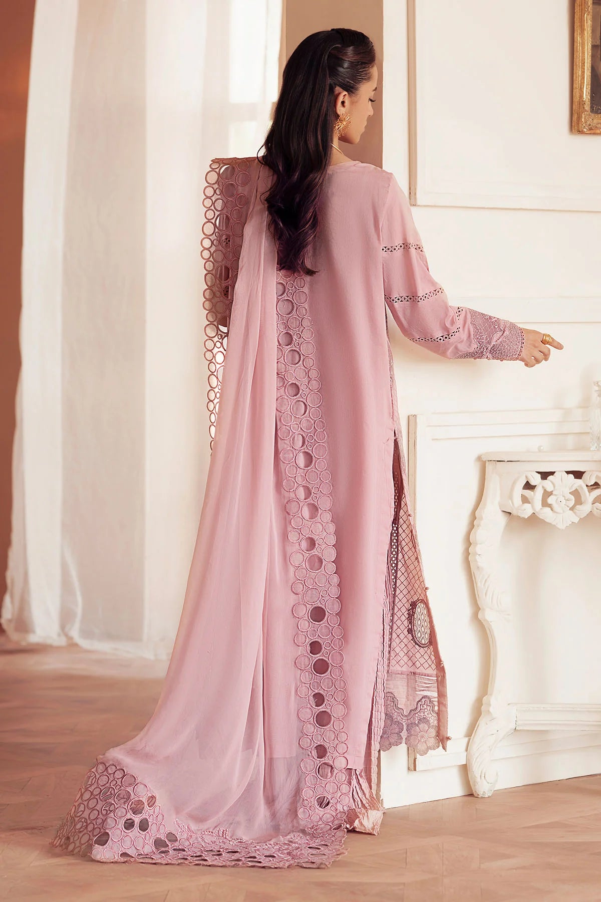 Back view of FEYA Collection FE-10 lawn suit highlighting embroidery and design
