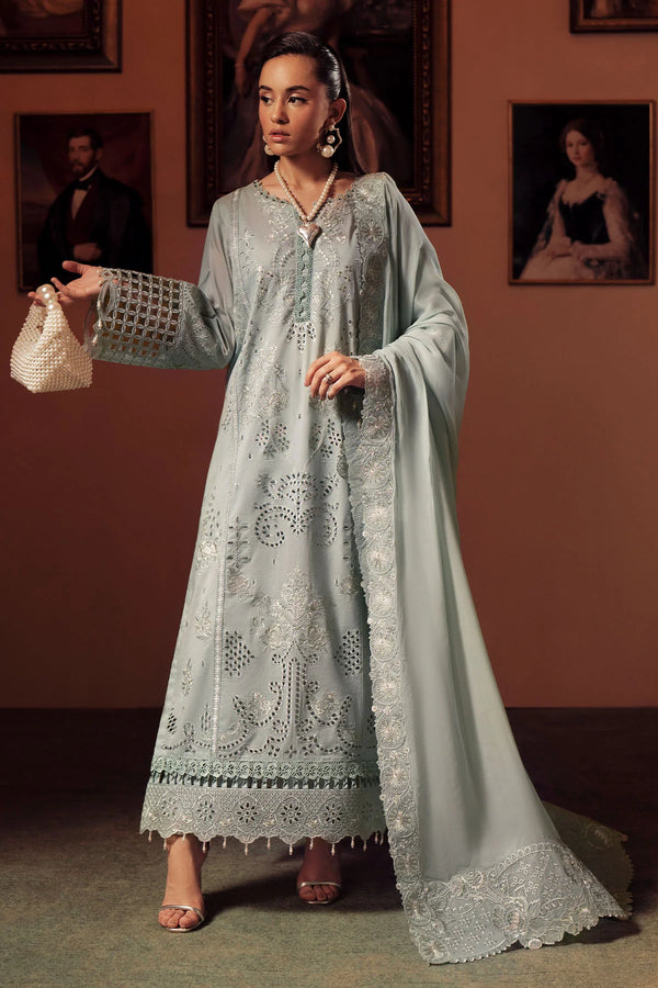 Front view of Nureh FEYA Collection Style FE-11 embroidered lawn suit with chiffon dupatta
