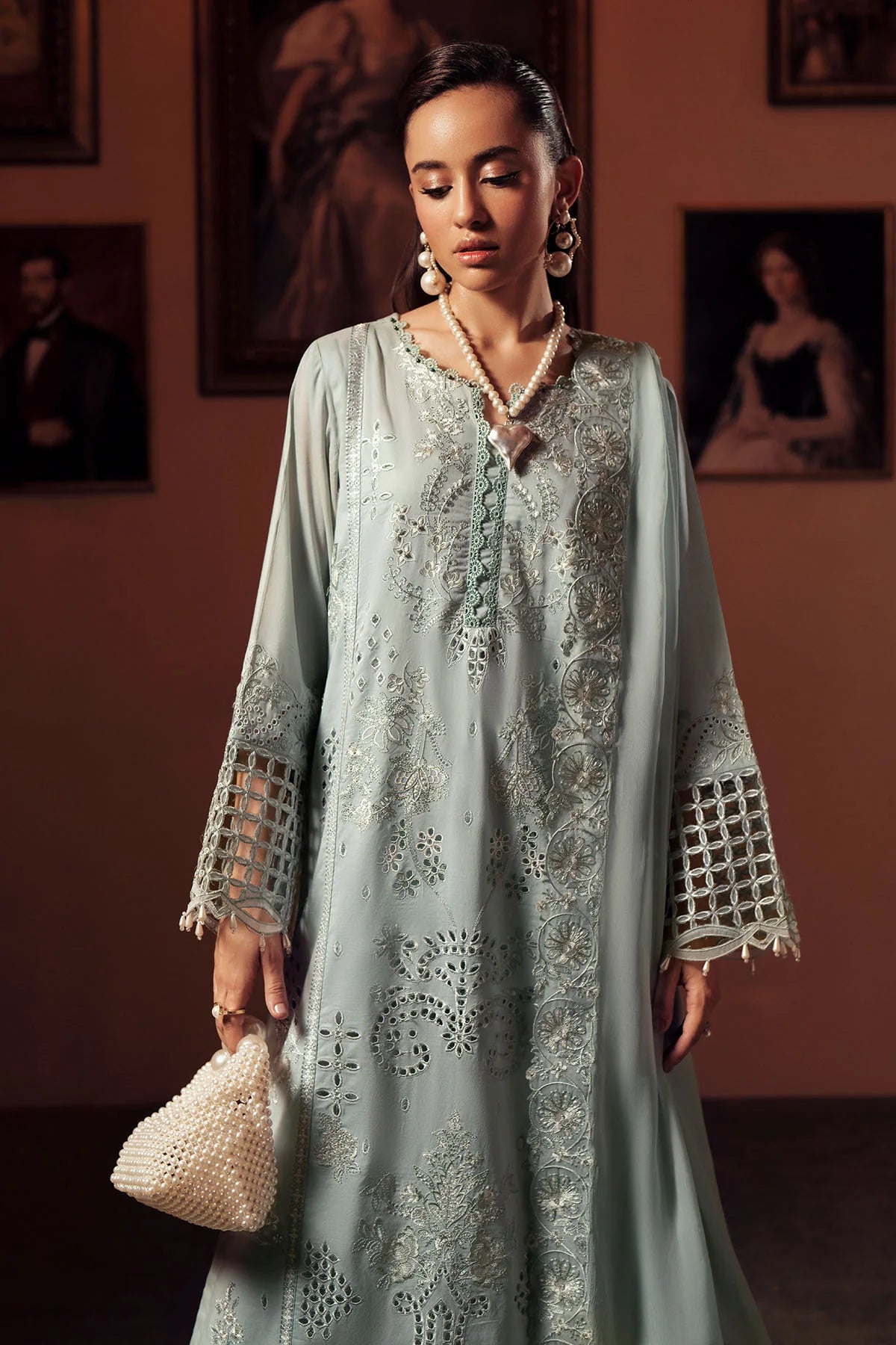 Close-up of chickenkari and thread embroidery on FE-11 luxury lawn shirt by Nureh
