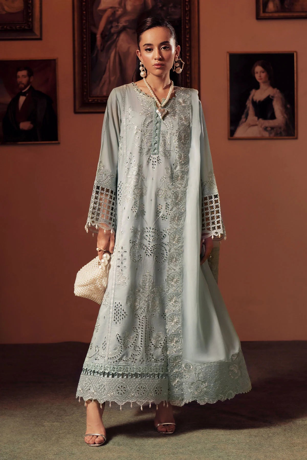 Full 3-piece outfit of FEYA FE-11 showing embroidered lawn shirt and dyed trouser
