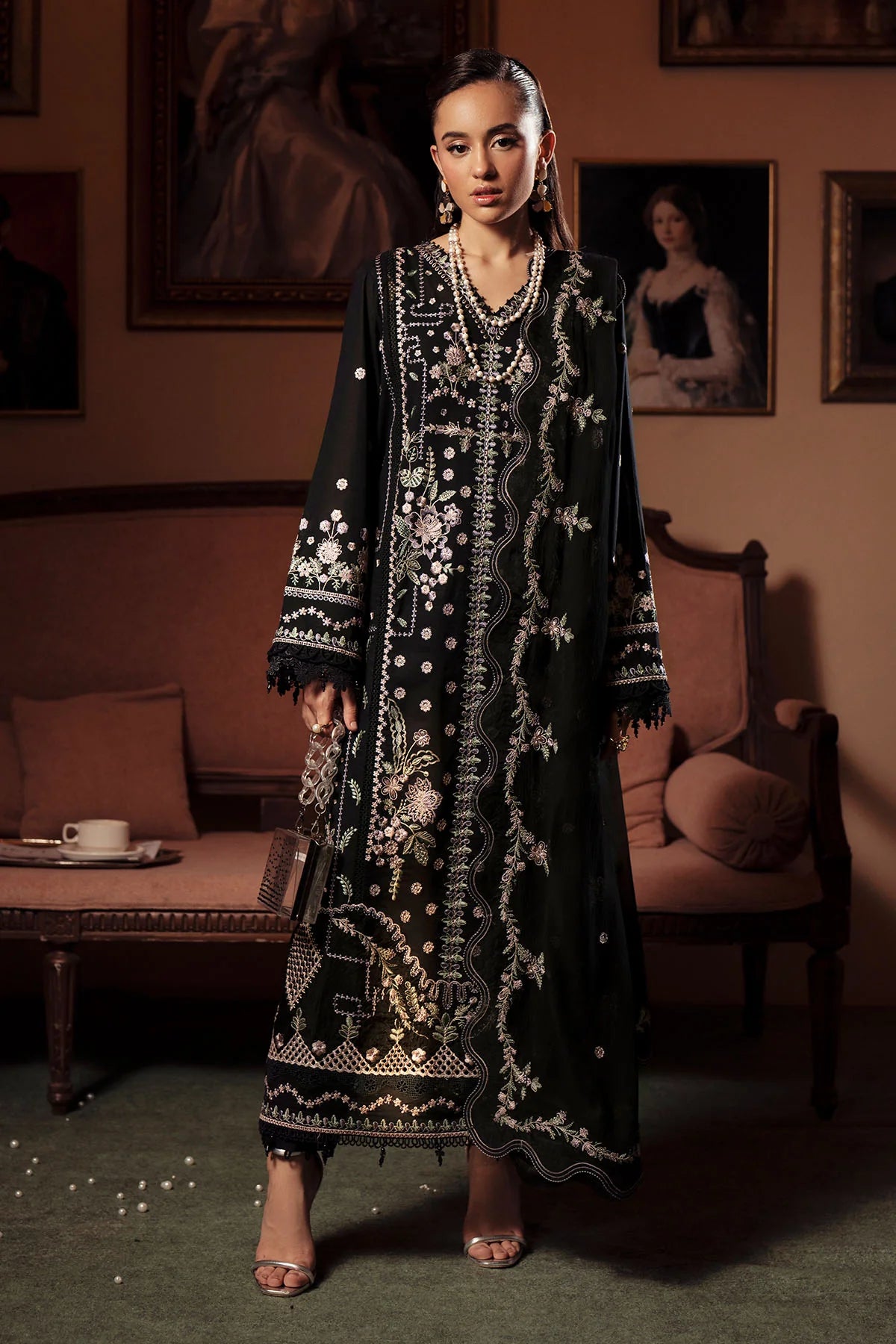 Front view of Nureh FEYA Collection Style FE-12 embroidered lawn suit with chiffon dupatta
