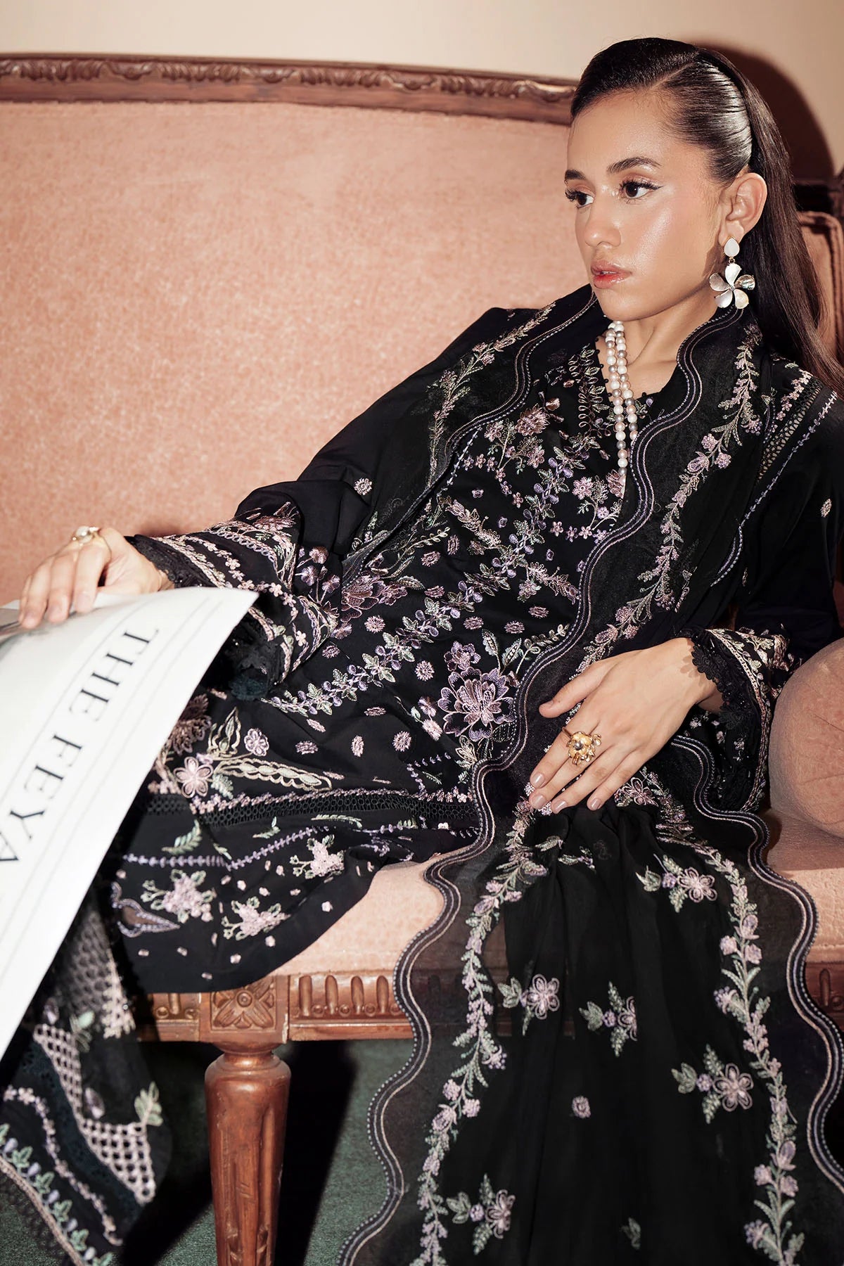 Close-up of intricate chickenkari and thread embroidery on FE-12 lawn shirt by Nureh
