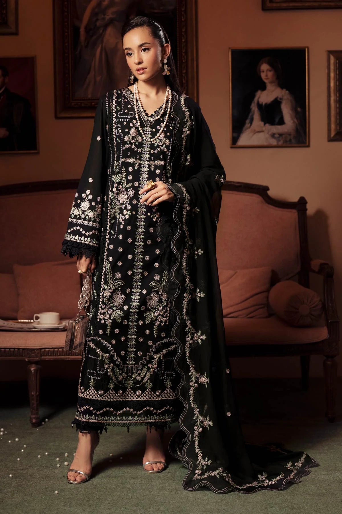 Model showcasing Nureh FEYA FE-12 ready-to-wear 3-piece embroidered lawn outfit
