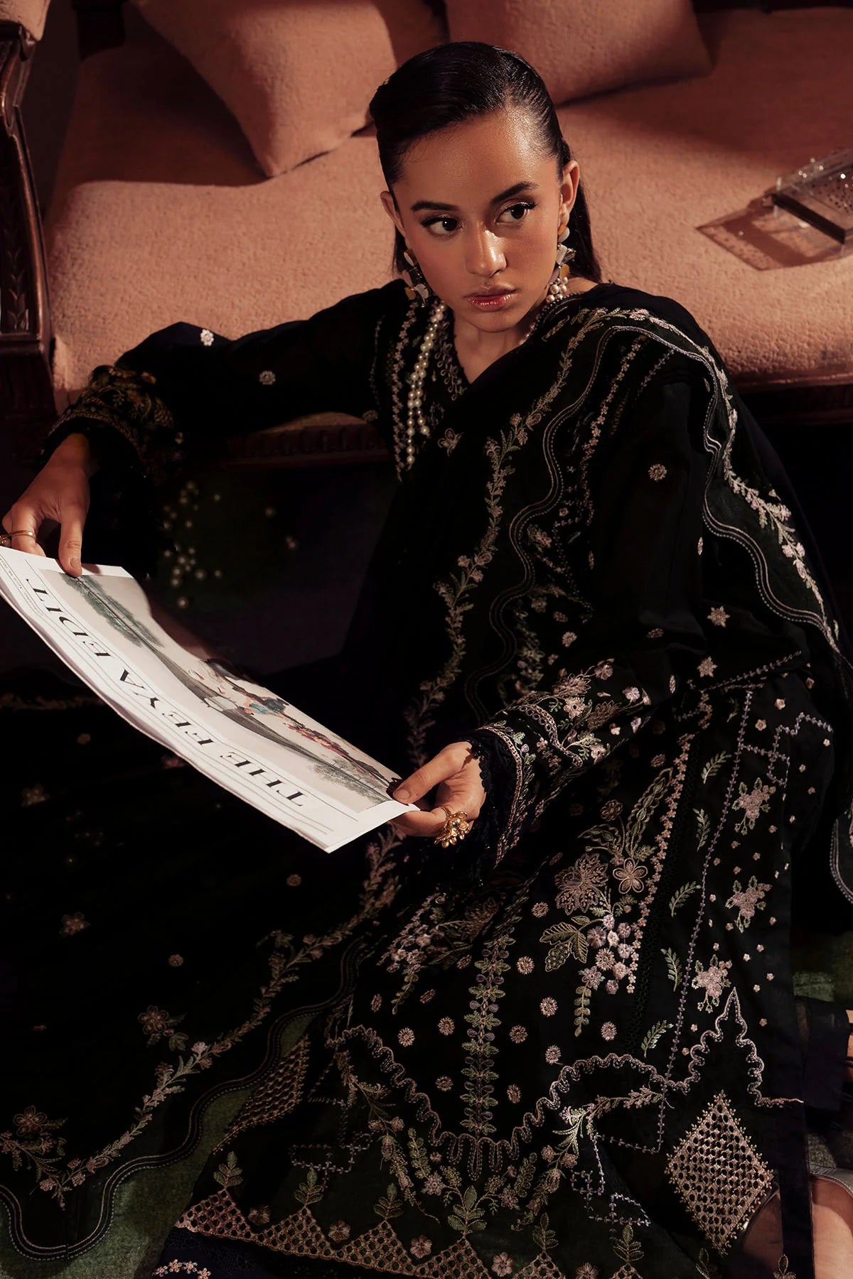 Embroidered chiffon dupatta from FE-12 with elegant detailing and scalloped edges
