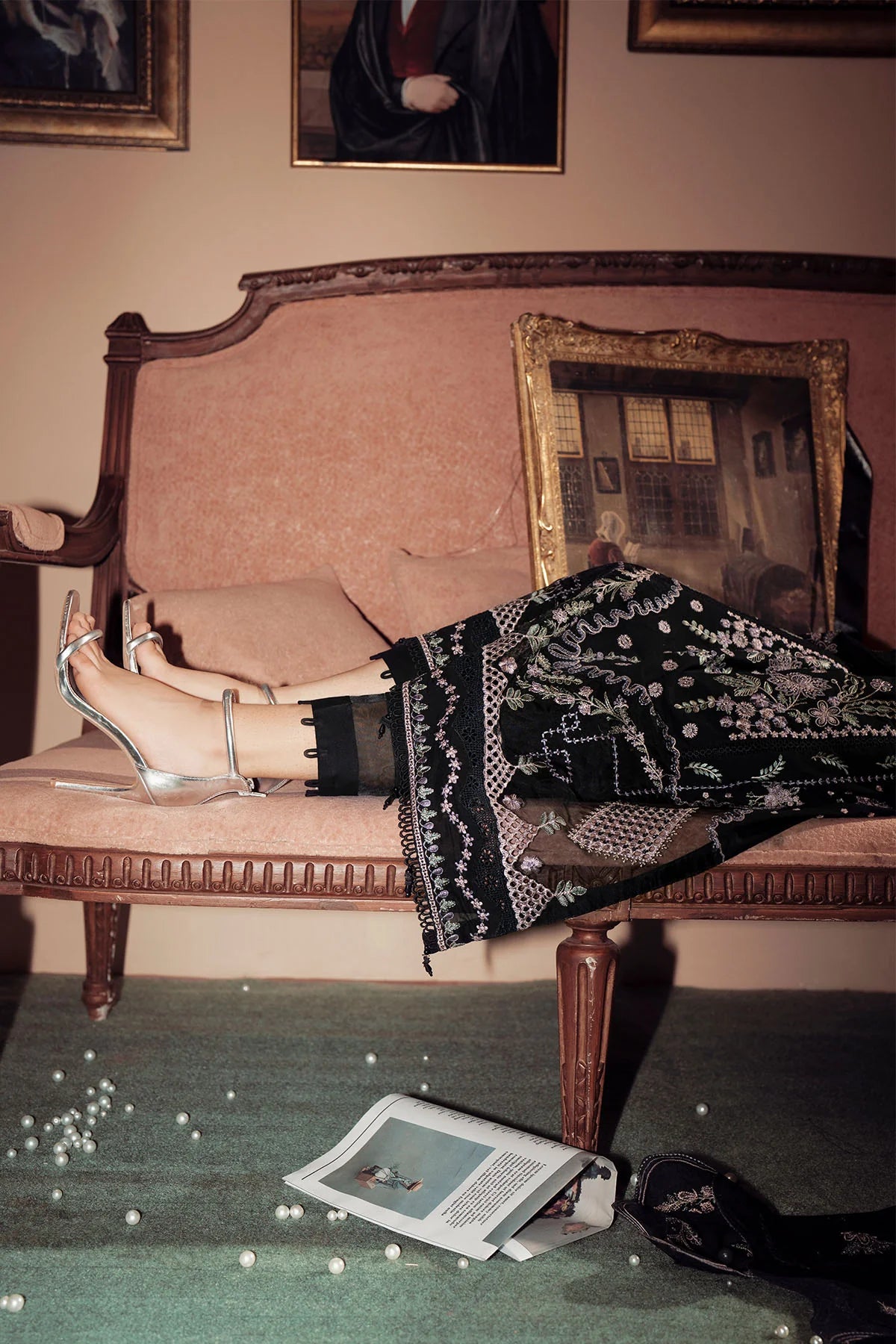 Full outfit of FEYA Style FE-12 featuring embroidered shirt, chiffon dupatta, and dyed trouser
