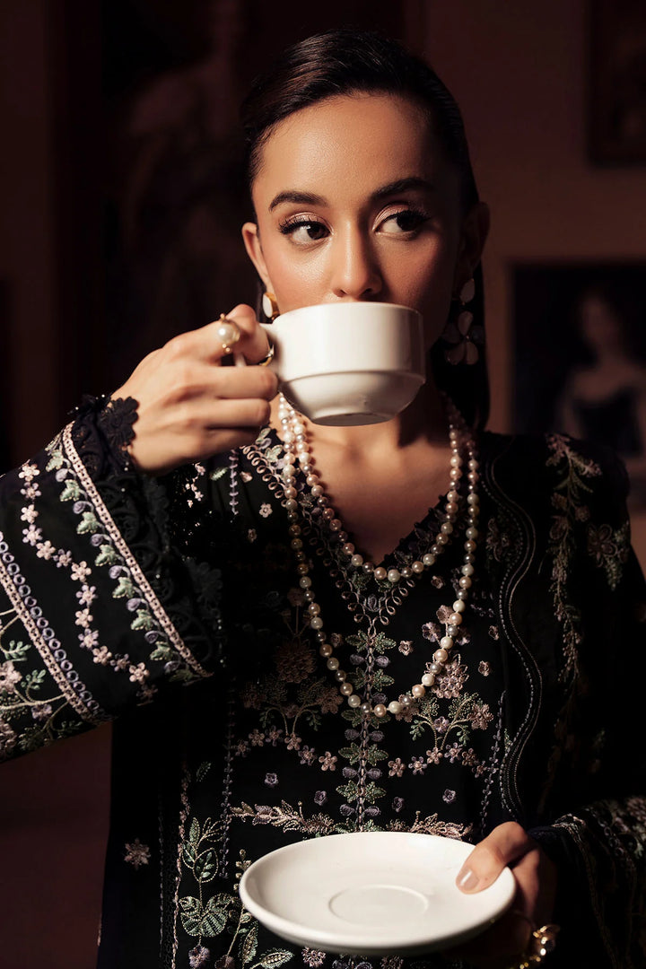 Neckline and sleeve embroidery details on Nureh FE-12 luxury lawn suit
