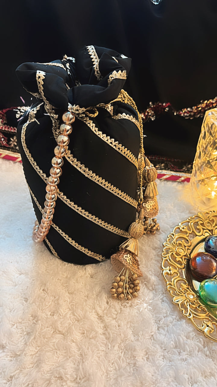 Luxury festive wear set featuring gharara, potli handbag, khussa shoes, and elegant jewelry for Diwali and wedding events.