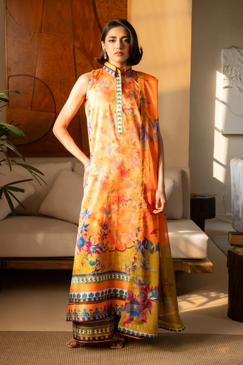 Full front pose showcasing the complete 3-piece printed silk outfit with vibrant floral borders - Maryum N Maria ready to wear