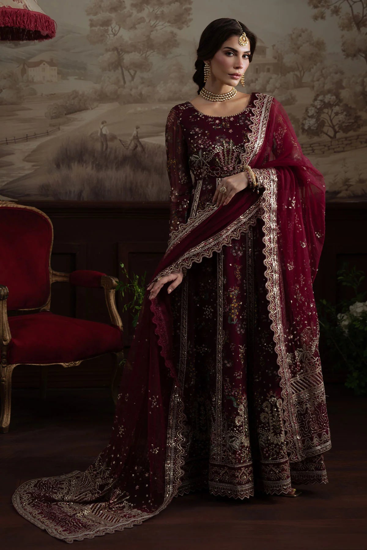 Front full view of stitched NEL-72 by Nureh showing floral embroidery and net panels

