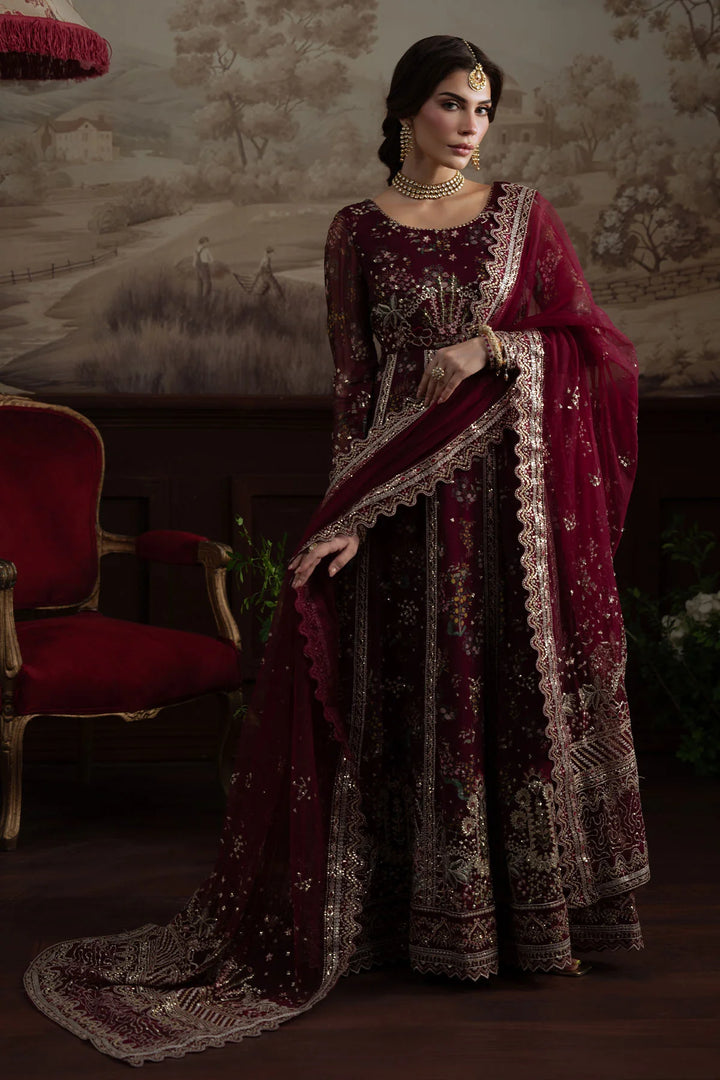 Front full view of stitched NEL-72 by Nureh showing floral embroidery and net panels
