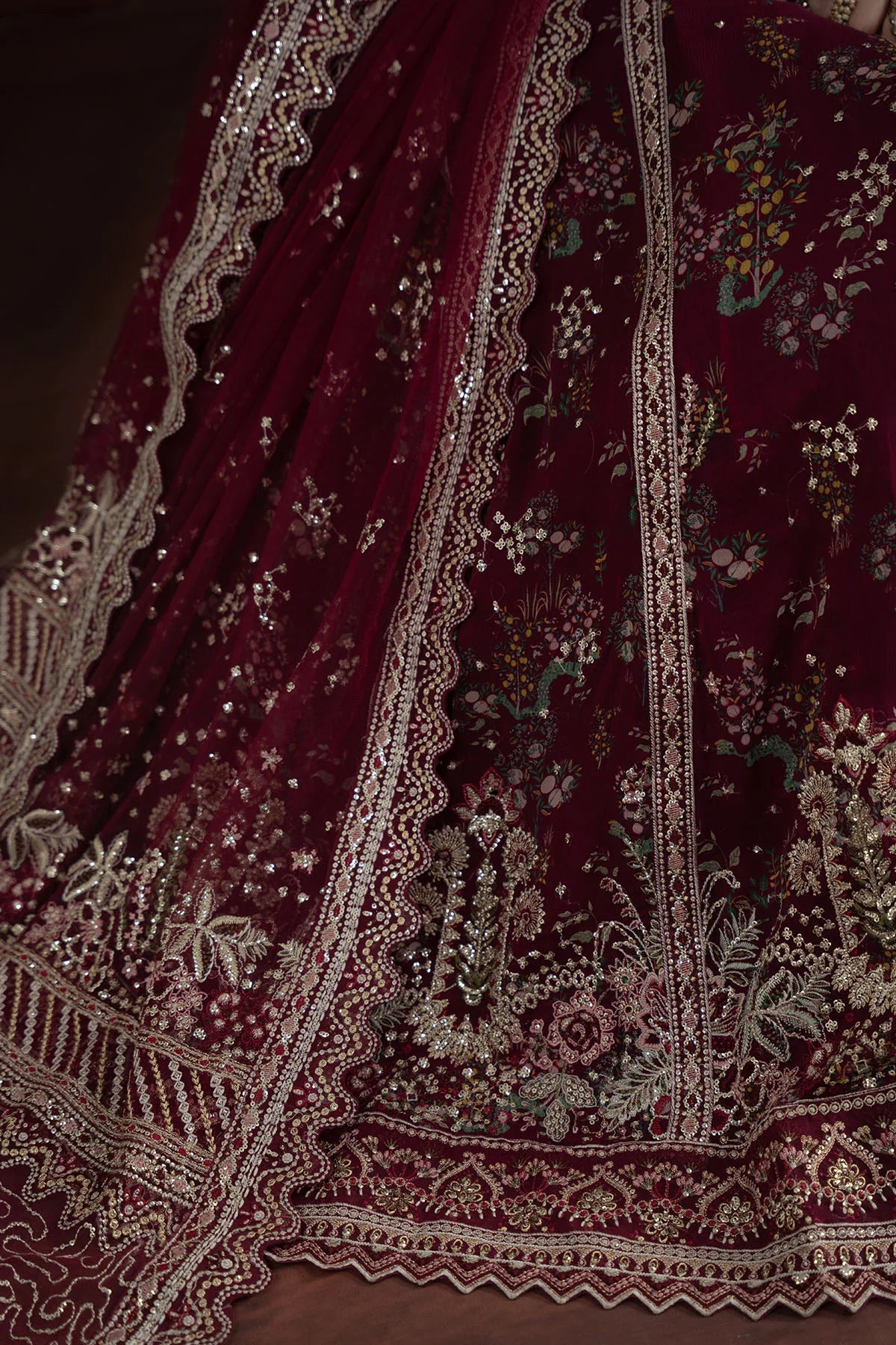 Close-up of scalloped dupatta borders and floral sequin embroidery on NEL-72
