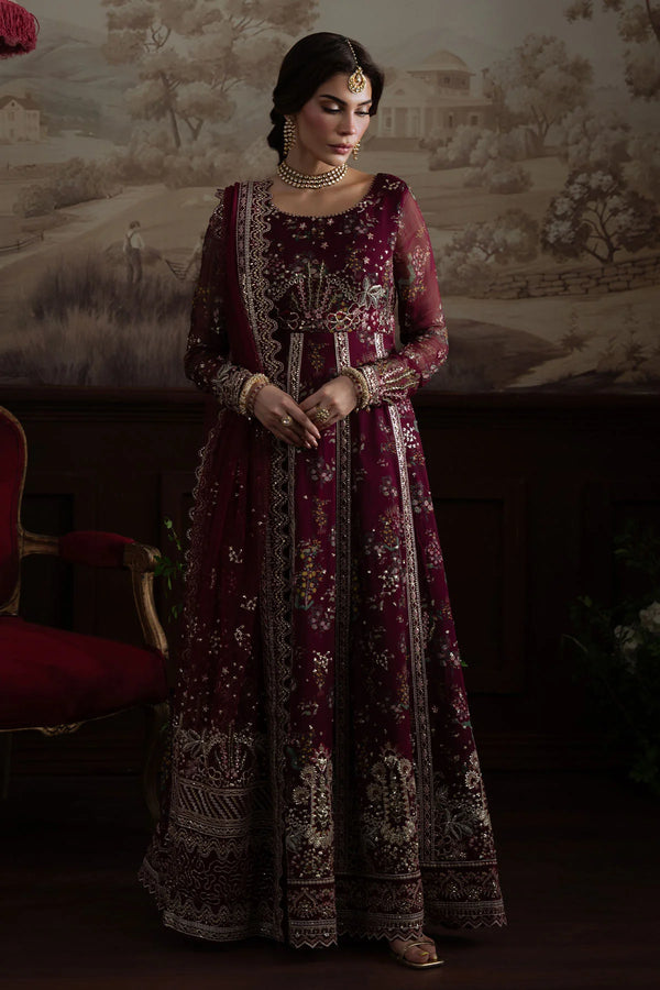Model wearing Nureh Elanora NEL-72 maroon embroidered chiffon gown with dupatta
