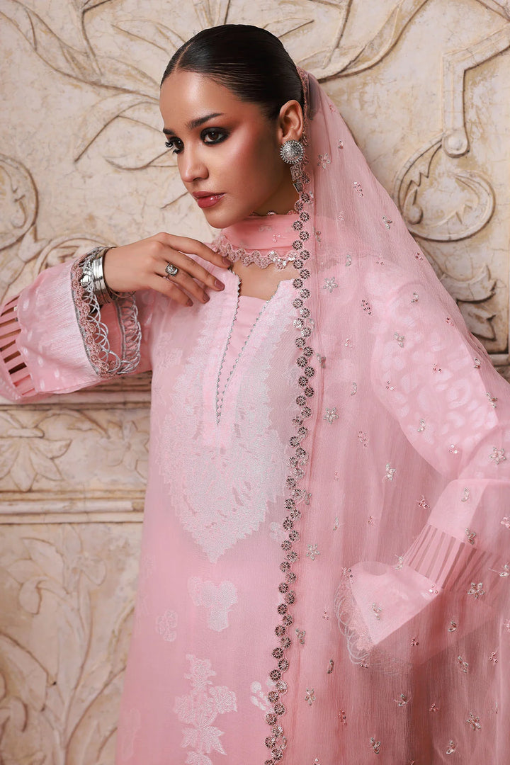 Elegant 3-piece jacquard suit by Nureh with embroidered chiffon dupatta
