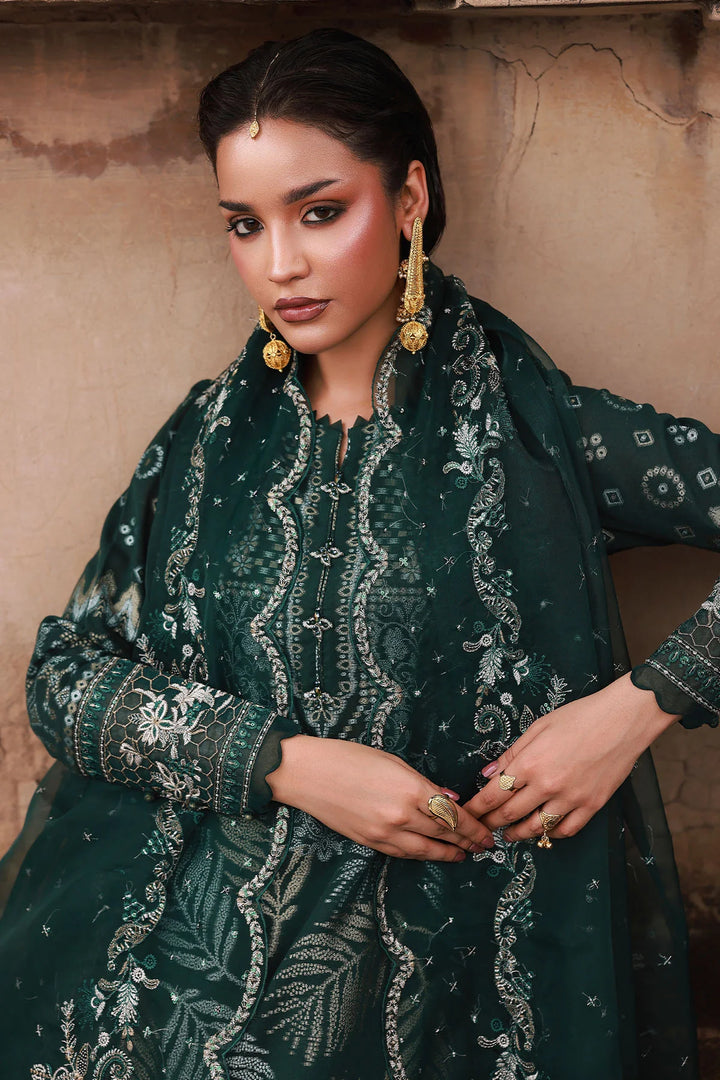 Nureh designer suit with chiffon dupatta and dyed cotton trousers
