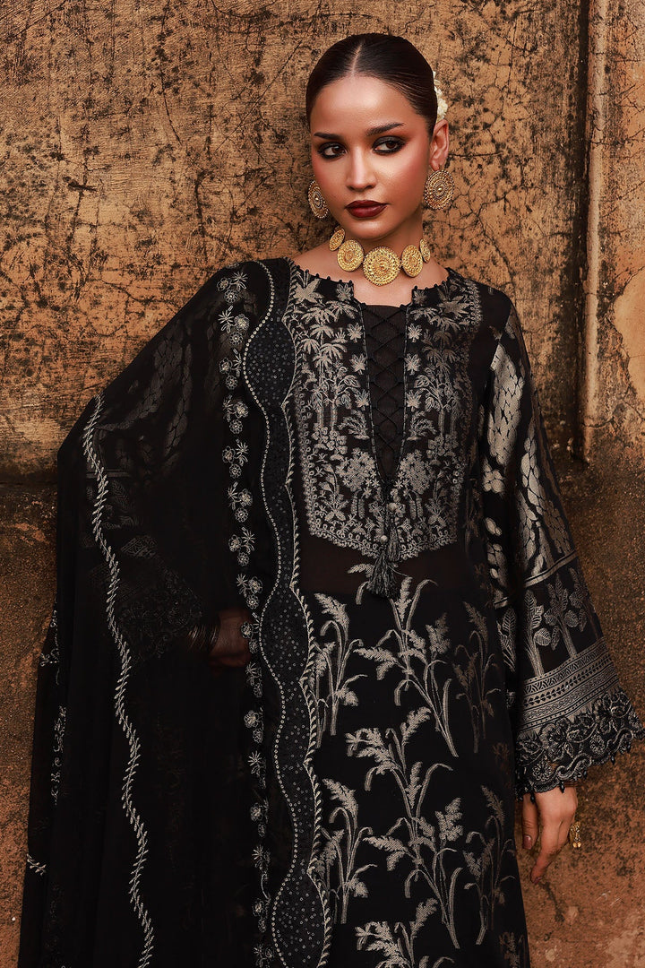 Elegant 3-piece jacquard suit by Nureh with embroidered chiffon dupatta

