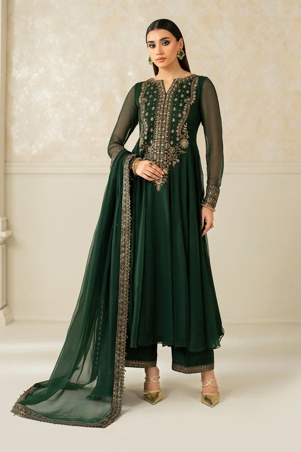 Baroque PR-1140 emerald green stitched chiffon suit front view – Naaz by Nazia