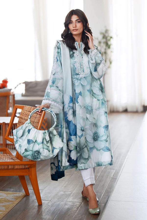 Front view of embroidered digital print suit with matching dupatta and trouser