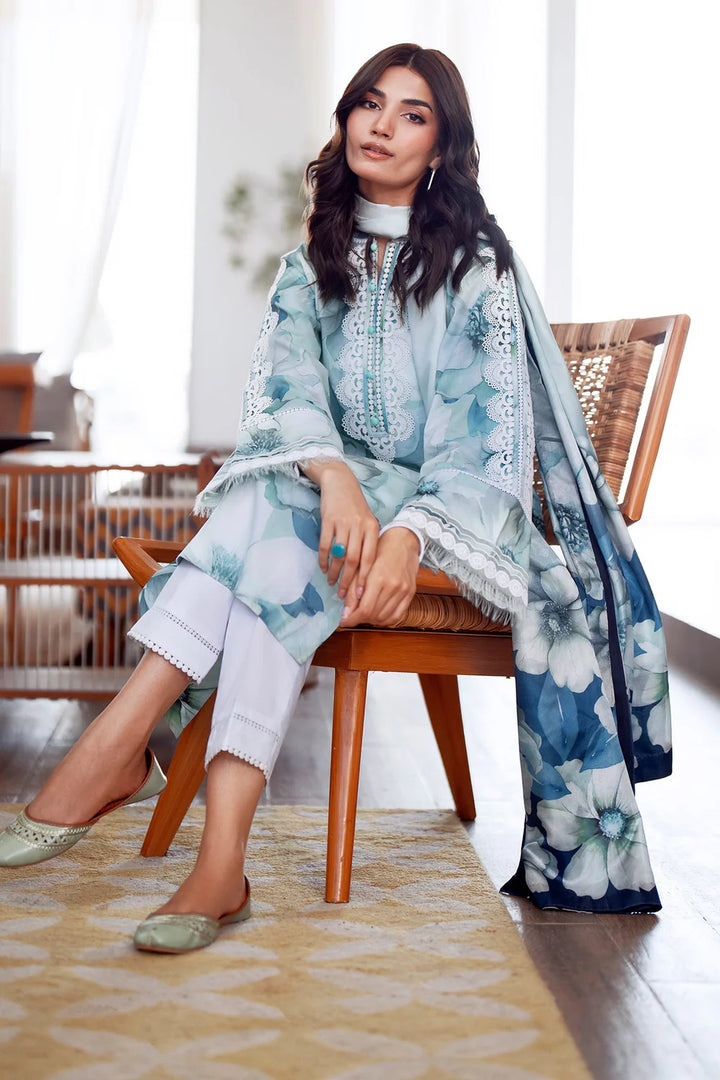 close up view of embroidered digital print suit with matching dupatta and trouser