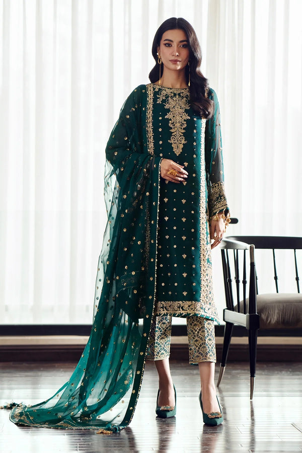 Baroque SF-505 emerald green stitched embroidered chiffon suit front view – Naaz by Nazia