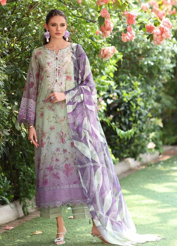 Flat lay of Nureh 3-piece stitched lawn outfit